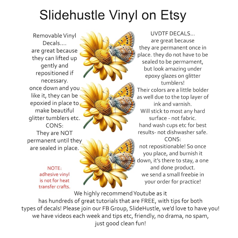 May include: Image features the text "Slidehustle Vinyl on Etsy" with descriptions of removable vinyl decals and UVDTF decals. The image includes three illustrations of yellow flowers with orange and brown butterflies.