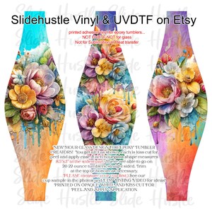 May include: Hourglass-shaped vinyl decals for epoxy tumblers, featuring watercolor floral designs in shades of orange, blue, purple, and yellow. Each decal measures 8.5" x 3" and is kiss cut for easy application. Text on the image reads "Slidehustle Vinyl & UVDTF on Etsy."