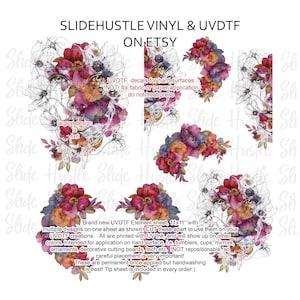 May include: A sheet of UVDTF decals featuring floral designs and a face composed of flowers. The largest design is 4x6 inches. Text on the sheet reads "SLIDEHUSTLE VINYL & UVDTF ON ETSY" and instructions for use.