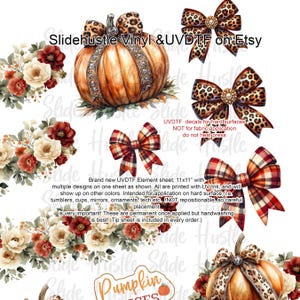 May include: A sheet of UVDTF Element decals featuring a large orange pumpkin with a leopard print bow, floral arrangements, and various bow designs. The sheet is 11x11 inches and intended for hard surfaces. The text "Slidehustle Vinyl & UVDTF on Etsy" is visible.