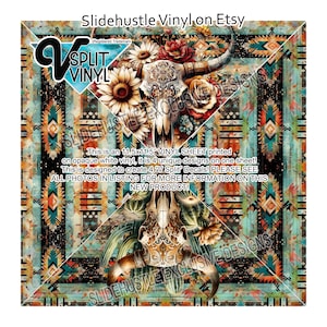 May include: A 11.5x11.5 inch vinyl sheet with four unique designs featuring a skull with horns, sunflowers, and cacti on a turquoise and orange geometric background. The text "Slidehustle Exclusive Designs" is printed on the sheet.