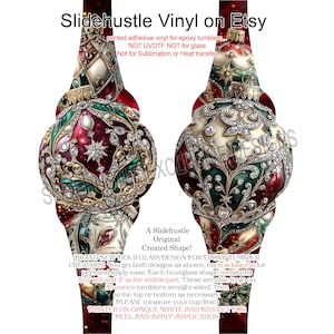 May include: Two hourglass-shaped vinyl designs for epoxy tumblers. The designs feature ornate, jewel-toned Christmas ornament patterns with red, green, and white accents. The text "Slidehustle Vinyl on Etsy" is at the top. Each design measures 10.5 inches tall and 3 inches wide.