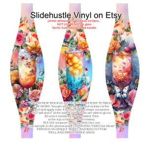 May include: Three hourglass-shaped vinyl decals for epoxy tumblers. Each design features a watercolor illustration of a cocktail in a decorative glass, surrounded by flowers and butterflies. Text on the decals reads "Slidehustle Vinyl on Etsy". The decals measure 10.5 inches tall and 3 inches wide.