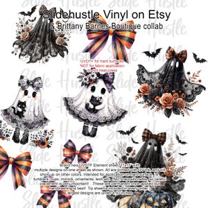 May include: A sheet of UVDTF element transfers featuring Halloween-themed designs. The sheet includes images of ghosts, bows, bats, and floral accents. The text on the sheet reads "Slidehustle Vinyl on Etsy & Brittany Barnes Boutique collab". The sheet measures 11x11 inches.