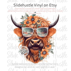 May include: A digital illustration of a Highland cow wearing sunglasses and a flower crown. The cow is brown and white with a long, shaggy mane. The background is white with the text "Slide Hustle" in a circle.