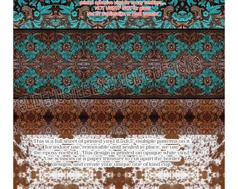 Western Printed Adhesive Vinyl Sheet, Embossed leather and Cowhide removable vinyl, 11.5x11.5" VF730 FSB7, Indoor Use
