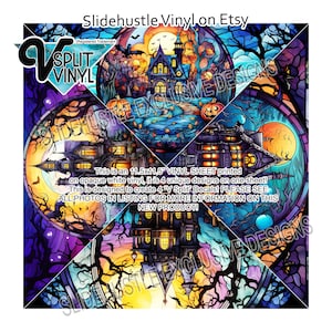 May include: A 11.5x11.5 inch vinyl sheet with four unique stained glass designs featuring a spooky haunted house, pumpkins, bats, and a crescent moon. The designs are printed on opaque white vinyl and are designed to create four V Split decals.