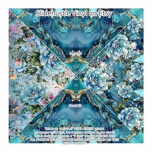 May include: A 11.5x11.5 inch vinyl sheet with four unique designs featuring blue flowers and gold glitter on a teal background. The sheet is designed to create four "V Split" decals.  This is a digital download, not a physical product.
