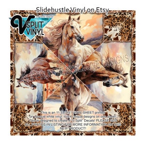 May include: A 11.5x11.5 inch vinyl sheet with four unique designs of horses running. The designs are printed on opaque white vinyl. The text "Slidehustle Exclusive Designs" is printed on the sheet.