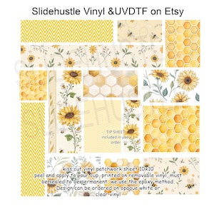 May include: A collection of yellow and cream-colored vinyl sheets with sunflower, honeycomb, and chevron patterns. The text "Slidehustle Vinyl & UVDTF on Etsy" is at the top. The text "kiss cut vinyl patchwork sheet 10x10" is at the bottom.
