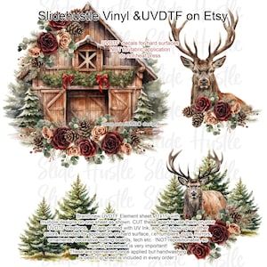 May include: A sheet of UVDTF decals featuring a rustic barn scene with floral accents, a stag with antlers, and evergreen trees. The sheet includes the text "Slidehustle Vinyl & UVDTF on Etsy" and instructions for use. The sheet measures 11x11 inches.
