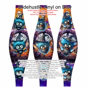 May include: Hourglass-shaped vinyl decals for epoxy tumblers. Each decal features a whimsical blue creature with a witch hat, set against a spooky background. The decals are 10.5 inches tall and 3 inches wide. Printed on opaque white vinyl.