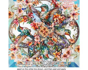 Może przedstawiać: Żywy arkusz winylowy z czterema wzorami kolibrów otoczonymi kolorowymi kwiatami. Arkusz ma wymiary 29.2 x 29.2 cm i jest przeznaczony do tworzenia naklejek na kubki. Projekt zawiera tekst "Slidehustle Vinyl on Etsy".