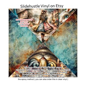 May include: A vinyl sheet featuring an Alice in Wonderland theme. The design includes Alice, the Cheshire Cat, and the White Rabbit. The sheet measures 11.5 x 11.5 inches and is designed to create four individual vinyl decals.