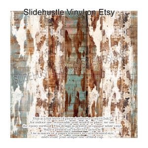 May include: A full sheet of printed adhesive vinyl with a distressed wood design. The design features vertical planks in shades of brown, white, and teal. Text includes "Slidehustle Vinyl on Etsy" and product details. The vinyl measures 11.5 x 11.5 inches.