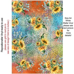 May include: A vibrant floral design featuring sunflowers, eucalyptus, and lavender on a colorful background. The background transitions from orange to blue and green, with a subtle leopard print. The text "SLIDE HUSTLE" is visible.