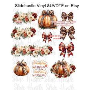 May include: A sheet of fall-themed vinyl and UVDTF decals. Designs include pumpkins with leopard print bows, floral arrangements, and plaid bows. Text includes "Pumpkin Kisses & Harvest Wishes" and "Slidehustle Vinyl & UVDTF on Etsy".