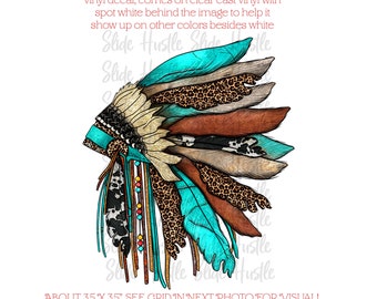 May include: A turquoise, brown, and white headdress with feathers and leopard print. The headdress is about 3.5 inches by 3.5 inches.  "Slide Hustle" is written on the image.
