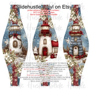 May include: Hourglass-shaped vinyl wraps for epoxy tumblers, featuring three lighthouse designs. Each lighthouse has a unique color scheme, with red and white accents, and is surrounded by winter floral elements. The text "Slidehustle Vinyl on Etsy" is at the top.