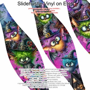 May include: Printed adhesive vinyl for epoxy tumblers with a Halloween theme. The design features cartoon bats and owls wearing witch hats. The text "Slidehustle Vinyl on Etsy" is at the top. Each hourglass shape measures 10.5 inches tall and 3 inches at the widest part.