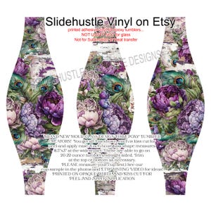 May include: Vinyl decals for epoxy tumblers. The design features a floral pattern with purple peonies, peacock feathers, and a distressed wood background. The text on the image says "Slidehustle Vinyl on Etsy". Each hourglass shape measures 8.5"x3".