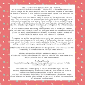 May include: Printed adhesive vinyl instructions with text. The text includes instructions on how to use the vinyl, including washing hands, using tape, and using a squeegee tool. The text also mentions suppliers and a Facebook group.