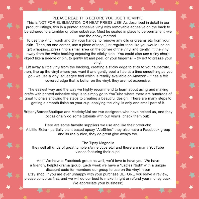 May include: Printed adhesive vinyl instructions with text. The text includes instructions on how to use the vinyl, including washing hands, using tape, and using a squeegee tool. The text also mentions suppliers and a Facebook group.