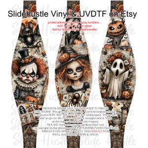 May include: Hourglass-shaped vinyl decals for epoxy tumblers, featuring Halloween-themed designs. The decals include a bat, a clown, a witch, a ghost, and a pumpkin. Each decal measures 9.5 x 10.5 inches.