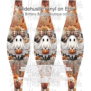 May include: Hourglass-shaped vinyl wrap for a 30-ounce tumbler, featuring a cute ghost holding a pumpkin, adorned with a plaid bow and floral accents. The design is 10.5 inches tall and 3 inches wide. Text on the wrap reads "Slidehustle Vinyl on Etsy".