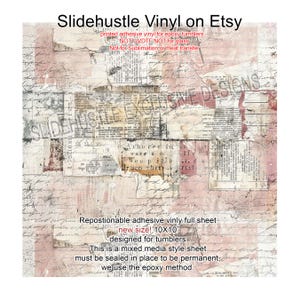 May include: A repositionable adhesive vinyl sheet with a mixed media design, featuring layered paper textures, handwritten script, and newsprint fragments. The sheet is 10x10 inches and designed for tumblers. The text on the sheet says "Slidehustle Vinyl on Etsy".