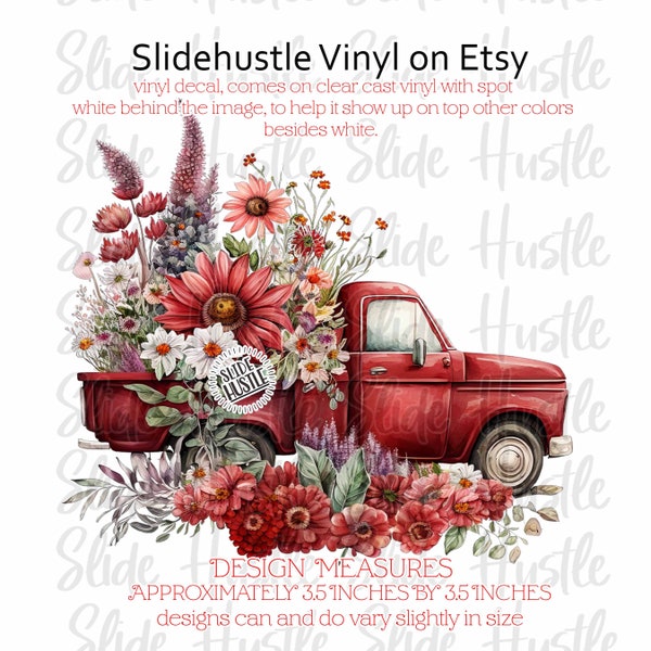 Beautiful, Vintage, Farm Truck Vinyl Decal, Red Truck, Farm Truck With flowers, Spot White, Removable vinyl, indoor use, VF136 D96 3.5x3.5