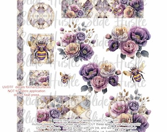 UVDTF Element Sheet,  Lavender mixed media, Flowers and Bees UVDTF decal sheet, NOT for heat transfers, VF733 ES10