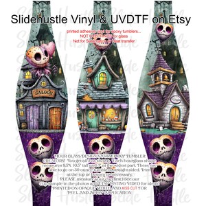 May include: Hourglass-shaped vinyl wraps for epoxy tumblers, featuring spooky Halloween designs. Each wrap measures 9.5 x 10.5 inches and 3 inches at its widest point. Designs include a saloon, a haunted house, and a church with skull-shaped accents.