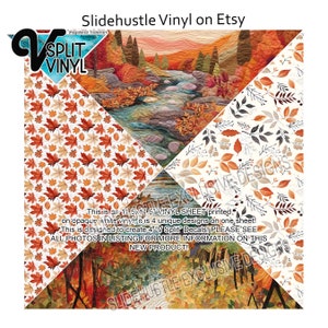 May include: A 11.5x11.5 inch vinyl sheet with four unique fall-themed designs. The designs include a forest scene, a river with rocks, and two different leaf patterns. This sheet is designed to create 4 inch V-Split decals.  "Slidehustle Exclusive Designs" is printed on the sheet.
