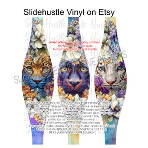 May include: Vinyl decals for epoxy tumblers. The image shows three hourglass-shaped decals featuring animal faces: a leopard, a panther, and a white tiger, each surrounded by floral designs. The decals are 10.5 inches tall and 3 inches wide.