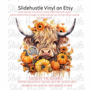 May include: A watercolor illustration of a Highland cow with a floral crown of sunflowers and fall leaves. The cow is surrounded by pumpkins and fall foliage. The design measures approximately 3.5 inches by 3.5 inches.
