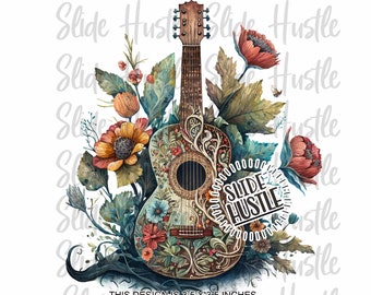 Boho Guitar Vinyl Decal, spot white clear cast, Boho, Guitar, Clear cast Removable Vinyl, 3.5x3.5&quot; see description, Indoor use, V125R53