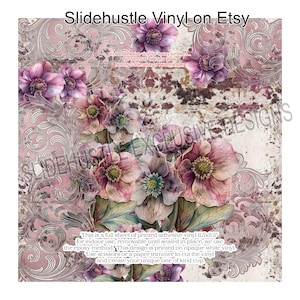 May include: A sheet of printed adhesive vinyl with a floral design. The design features pink and purple flowers with green leaves, set against a distressed background. Text includes "Slidehustle Vinyl on Etsy" and product details.