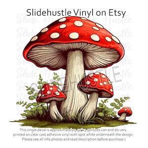 May include: A vinyl decal featuring three red and white mushrooms with white spots. The mushrooms are surrounded by green leaves. This single decal is approximately 3.50"x3.50" and is printed on clear cast adhesive vinyl with spot white underneath the design. Please see all info photos and read description before purchase.
