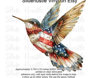 Hummingbird Printed Vinyl Decal, Patriotic, Hummingbird, Spot White Ink, Clear Cast Decal, VF136D D21