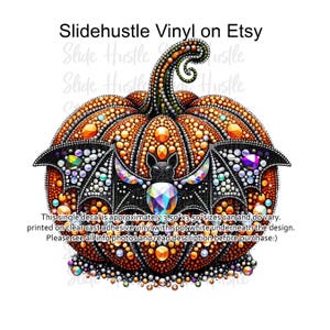 May include: A 3.50" x 3.50" vinyl decal of a pumpkin with a bat on top. The pumpkin is orange and has a black stem. The bat is black with iridescent wings. The decal is printed on clear cast adhesive vinyl with spot white underneath the design. "Slide Hustle" is printed in the background.
