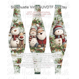 May include: Hourglass-shaped tumbler decals featuring a snowman, reindeer, and Santa Claus design. The decals are printed on opaque white vinyl and are kiss-cut for easy application. The text on the image says "Slidehustle Vinyl & UVDTF on Etsy".