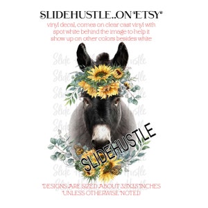 May include: A watercolor illustration of a donkey wearing a sunflower crown. The donkey is looking directly at the viewer. The background is white. The text "SLIDEHUSTLE..ON ETSY" is at the top of the image. The text "DESIGNS ARE SIZED ABOUT 3.5X3.5 INCHES 'UNLESS OTHERWISE NOTED'" is at the bottom of the image.