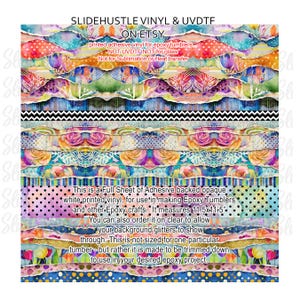 May include: A full sheet of adhesive-backed opaque white printed vinyl for epoxy tumblers and crafts. The design features a colorful, layered pattern with floral and geometric elements. The sheet measures 11.5 x 11.5 inches.