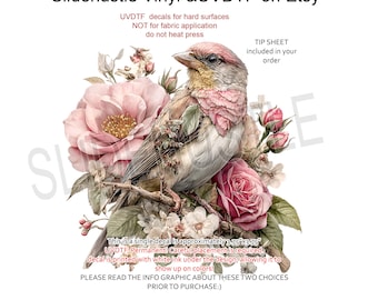 Pink Bird and Roses UVDTF decal, VF743UV12, 3.5"