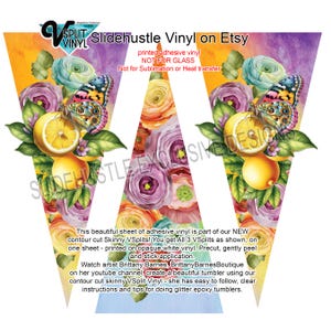 May include: Adhesive vinyl sheet featuring a floral and butterfly design with lemons. The design includes the text "Slidehustle Vinyl on Etsy" and instructions for use. The vinyl is printed on opaque white material.