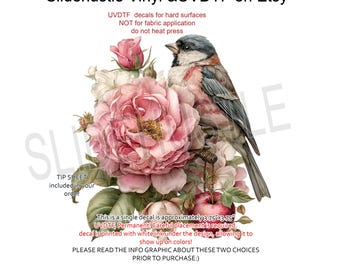 Pink Bird and Roses UVDTF decal, VF743UV14, 3.5"