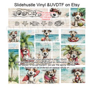 May include: A sheet of kiss-cut vinyl patchwork with beach-themed dog illustrations. The sheet includes various images of dogs at the beach, along with text that reads "Slidehustle Vinyl & UVDTF on Etsy".