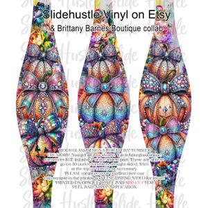 May include: Three hourglass-shaped vinyl decals for epoxy tumblers. Each decal features a colorful pumpkin design with bows and floral accents. The text "Slidehustle Vinyl on Etsy" and "Brittany Barnes Boutique collab" is visible. Each decal measures 10.5 inches tall and 3 inches wide.