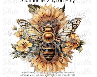 Bee and Sunflowers Vinyl Tumbler Decal, Vintage Clear Cast Decal, Spot White, Indoor use. 3.5x3.5 inches VF159D20